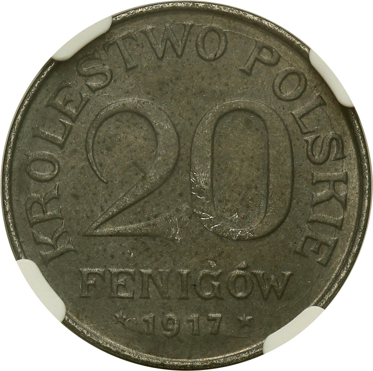 Królestwo Polskie. 20 fenigów 1917 żelazo F, Stuttgart NGC UNC - negatyw rewersu